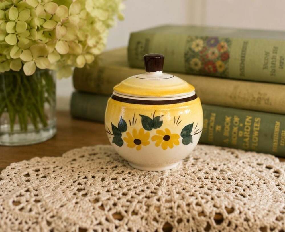 Authentic Vernonware Vintage Hand Painted Floral Sugar Bowl with Lid